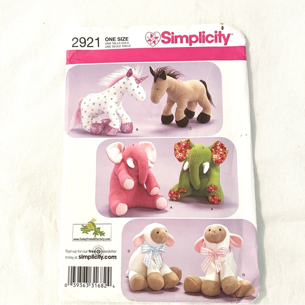 Simplicity 2921 Plush Animal Sewing Pattern | Unicorn, Elephant, Horse, Lamb